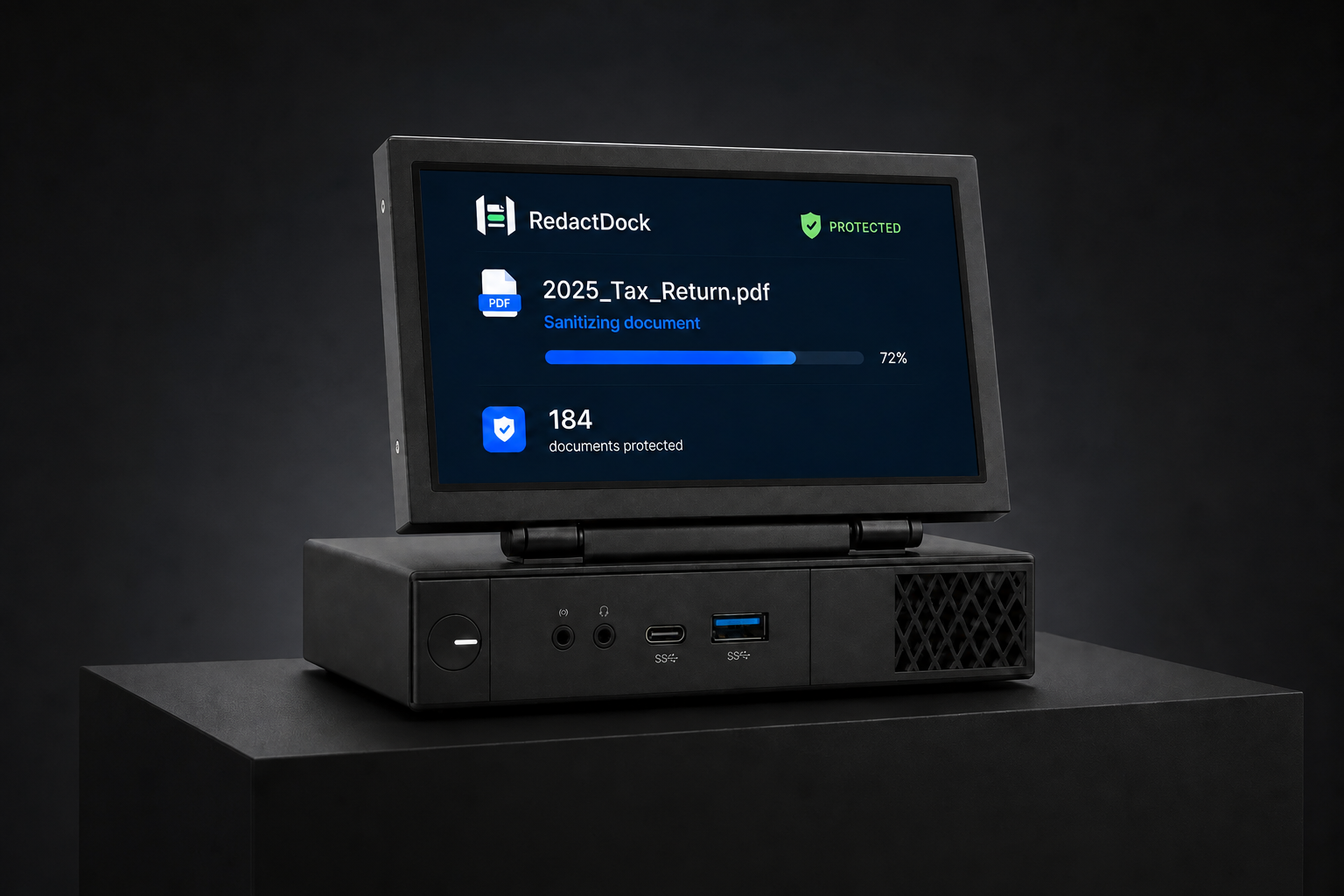 RedactDock appliance with its hinged touchscreen displaying protected document status